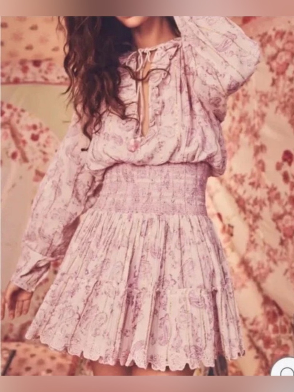 House of Harlow 1960 Boho Paisley Smocked Mini Dress S Lilac Puff Sleeve - Picture 13 of 14